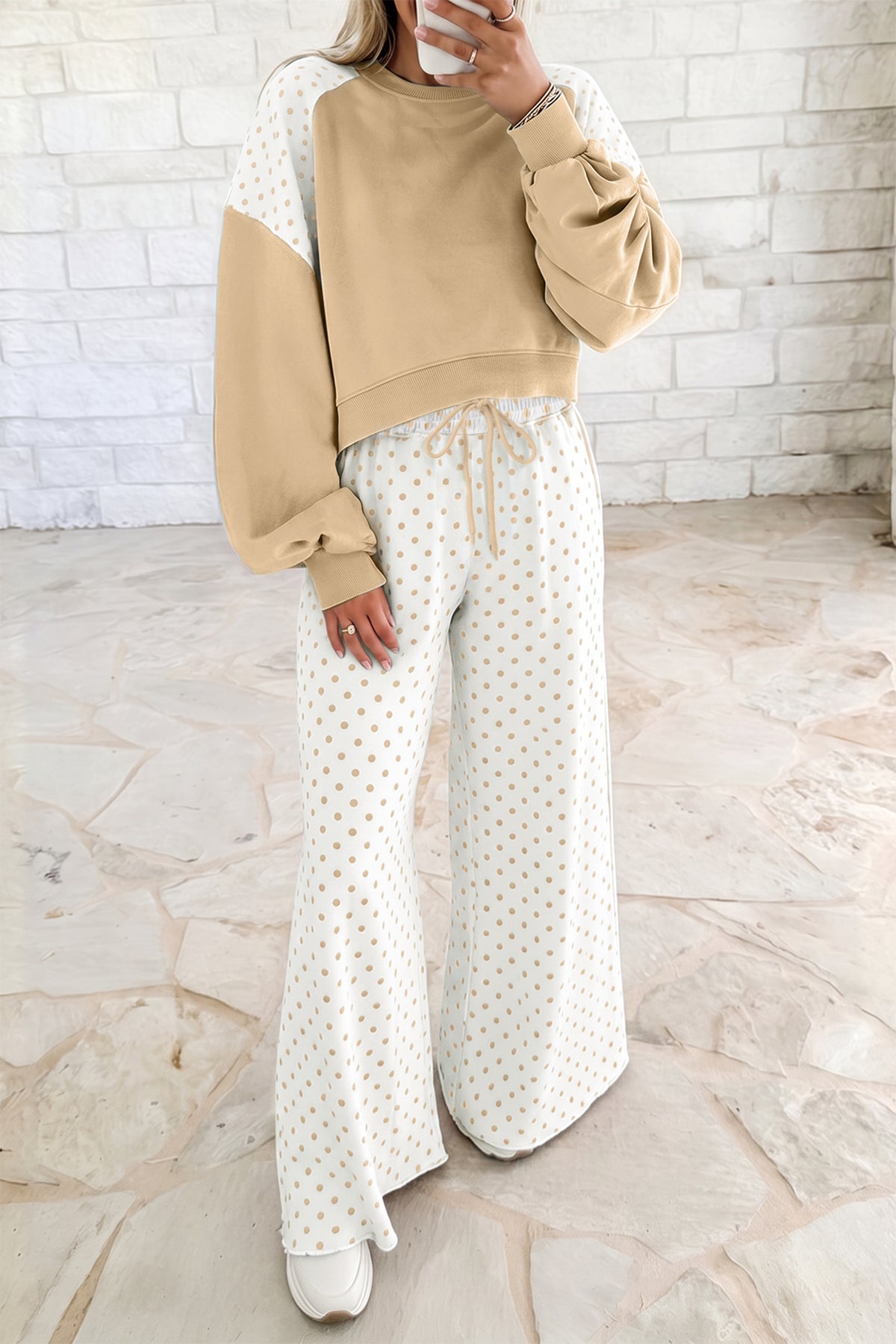 Khaki Polka Dot Patchwork Colorblock Long Sleeve Casual Two Piece Pants Set