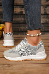 White Mix Texture Patchwork Leopard Detail Lace Up Sneakers