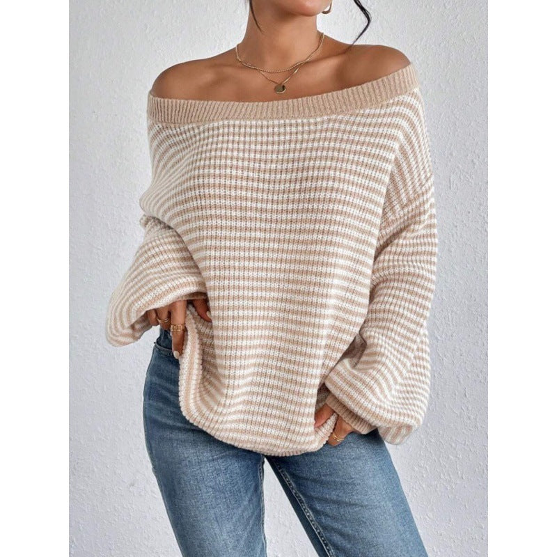 Off-neck Shoulder-baring Sweater Contrast Color