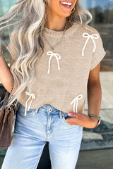 Parchment Bowknot Applique Cap Sleeve Sweater