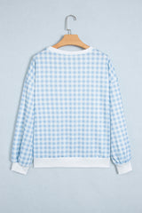Light Blue Plaid Round Neck Long Sleeve Sweatshirt