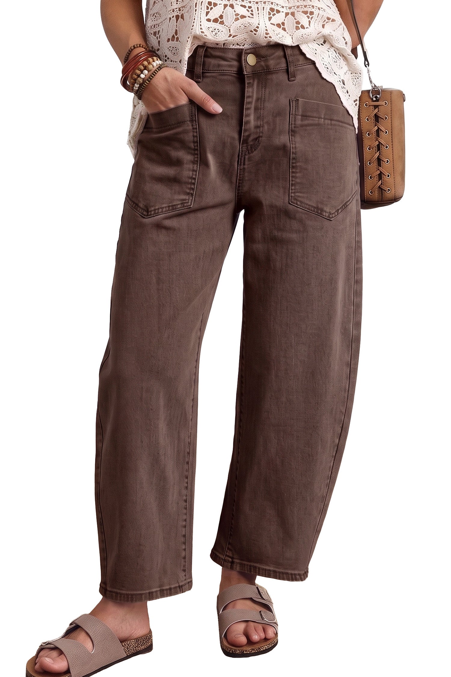 Beau Blue Solid Color Square Patch Pocket Ankle-length Barrel Jeans