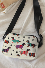 White Dachshund Walking Footprint Crossbody Bag