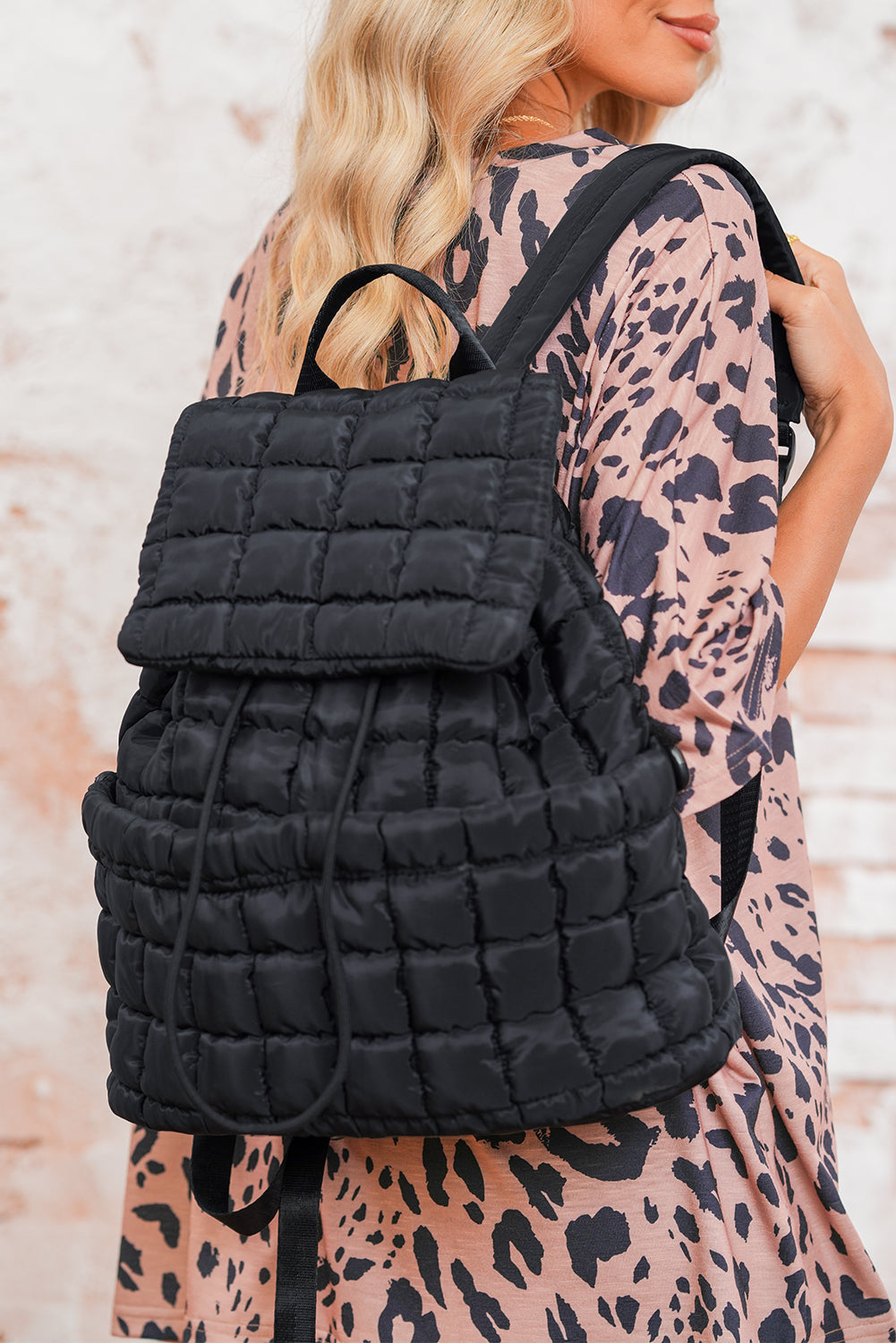 Medium Grey Solid Flapped Quilted Puffer Backpack