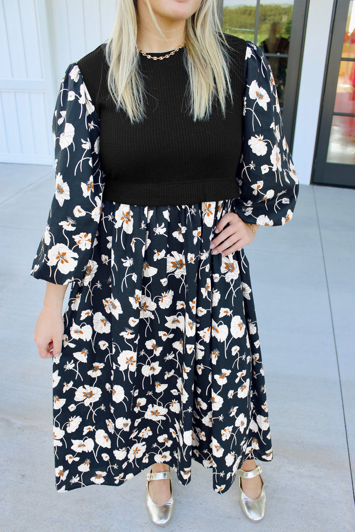 Black Floral Print Long Sleeve Round Neck Shift Plus Size Dress