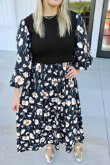 Black Floral Print Long Sleeve Round Neck Shift Plus Size Dress