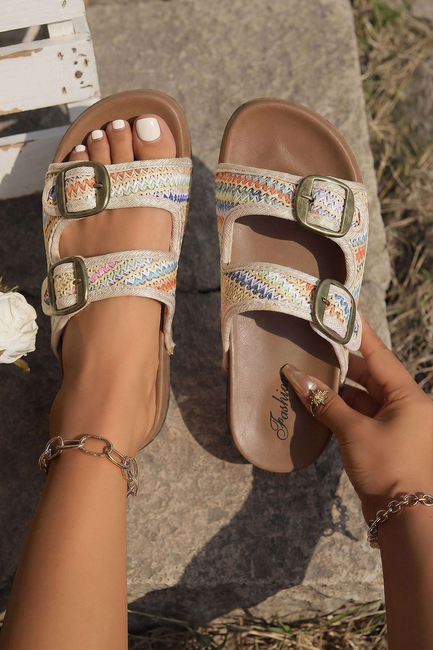 Khaki Boho Vacation Woven Buckle Cutout Low-Top Slippers