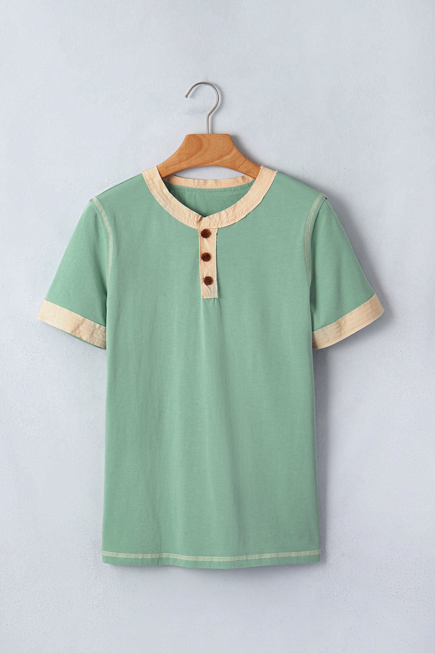 Light Grey Raw Seam Color Block Detail Buttoned Henley Tee