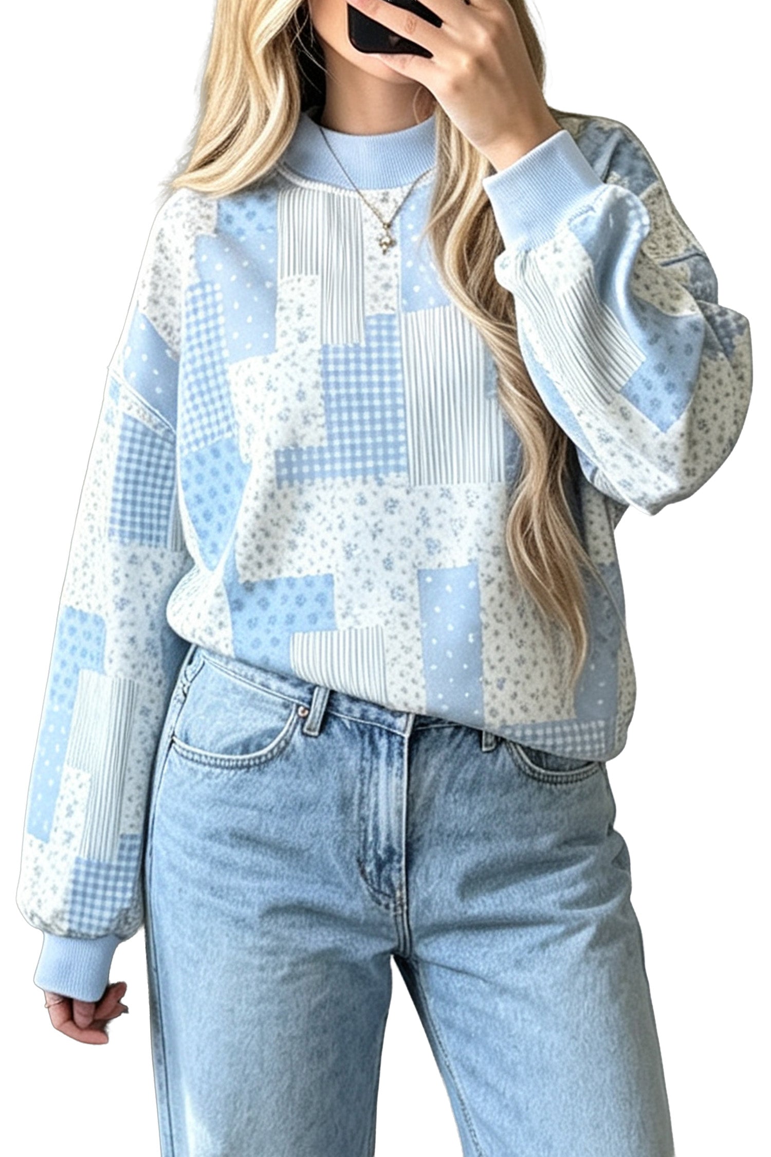 Khaki Patchwork Floral Print Mock Neck Long Sleeve Sweatshirt