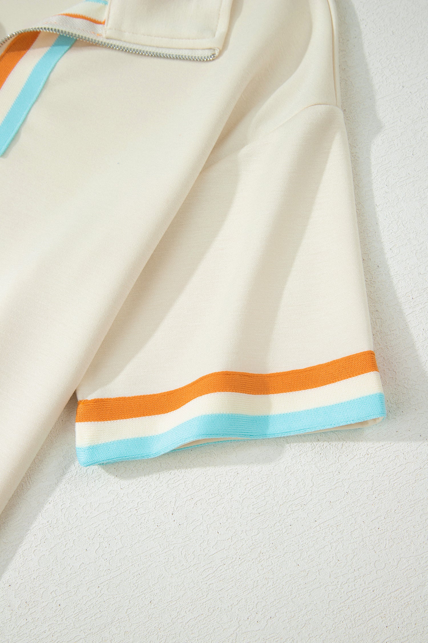 Apricot Colorful Striped Detail Half Zip Polo Tee Loose Shorts Set