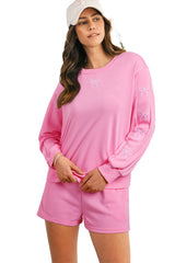 Sachet Pink Bow Embroidery Long Sleeve Pullover and High Waist Shorts Set