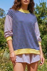 Blue Stripe Contrast Long Sleeve Crew Neck Pullover Top