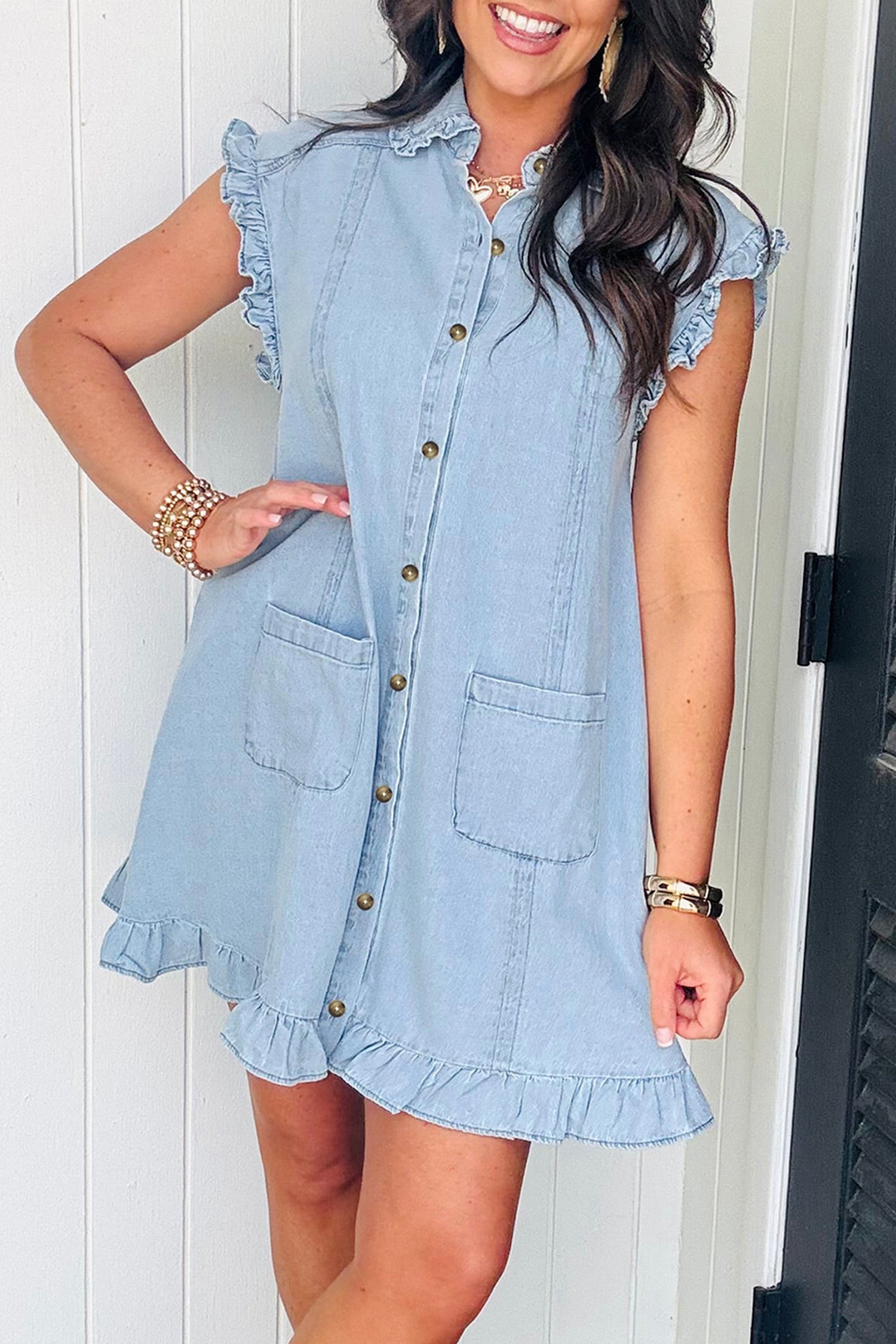 Sail Blue Ruffled Edge Collared Shift Denim Dress with Pockets
