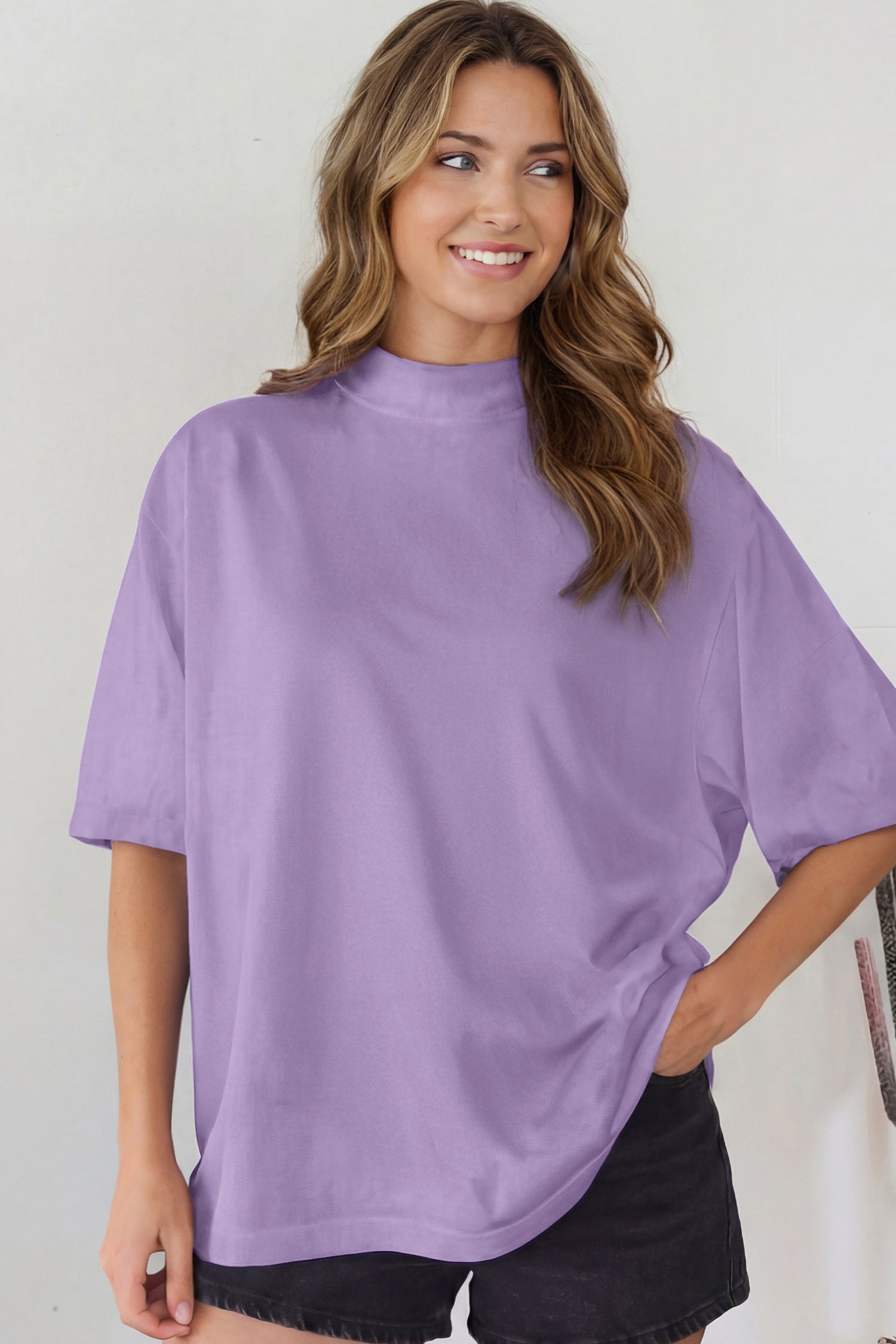 Dark Blue Solid Color High Neck Oversize Tee