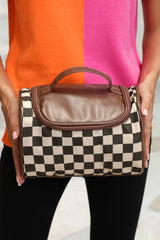 Black Checkered PU Leather Zipper Makeup Bag