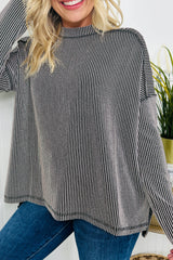 Black Twisted Rib Exposed Seam Detail Long Sleeve Loose Top
