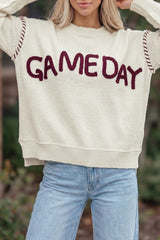 Beige Drop Shoulder Game Day Letter Print Pullover Sweater