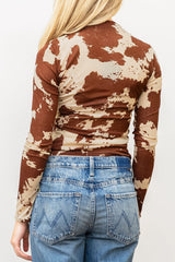 Brown Western Cow Spots Printed High Neck Sheath Long Sleeve Top