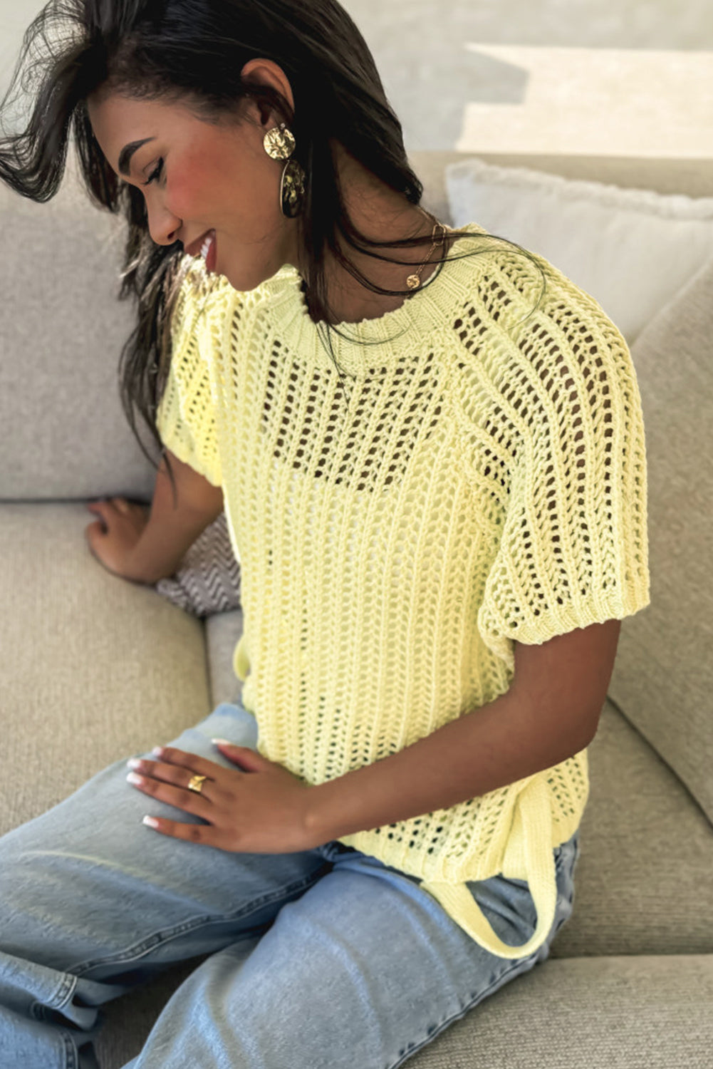Yellow Cream Side Tie Hollow-out Crochet Knit Top