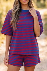 Navy Stripe Striped Ribbed Cotton Two-Piece Short Set with Chest Patch Detail
