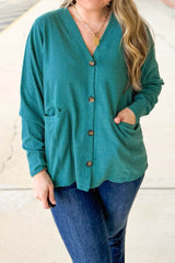 Lapis V Neck Waffle Textured Button Front Tunic Long Sleeve Plus Size Cardigan