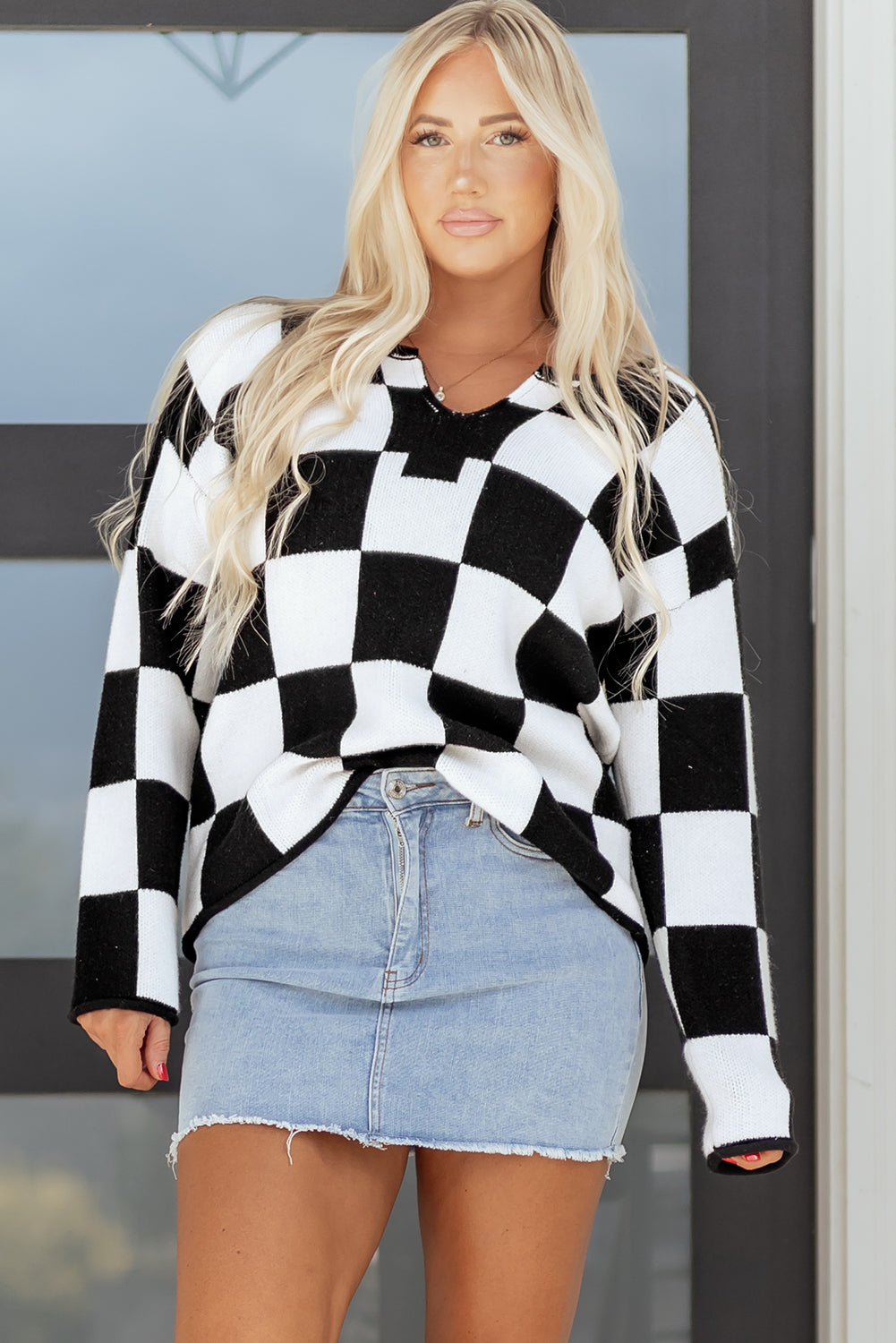 Green Checked Notched Neckline Drop Shoulder Knit Sweater