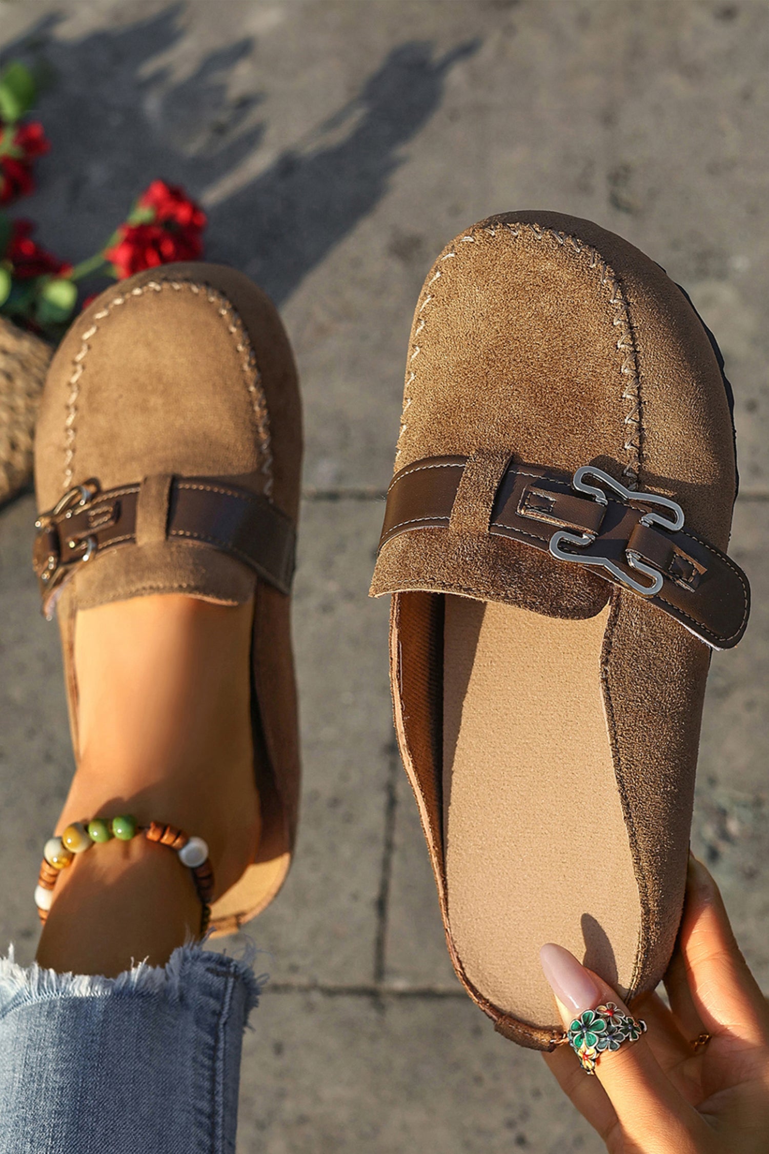 Coffee Faux Suede Cute Buckle PU Leather Strap Mule Slippers