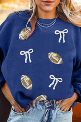 Dark Blue Corded Rib Sequin Rugby Bow Graphic Dropped Shoulder Sweatshirt