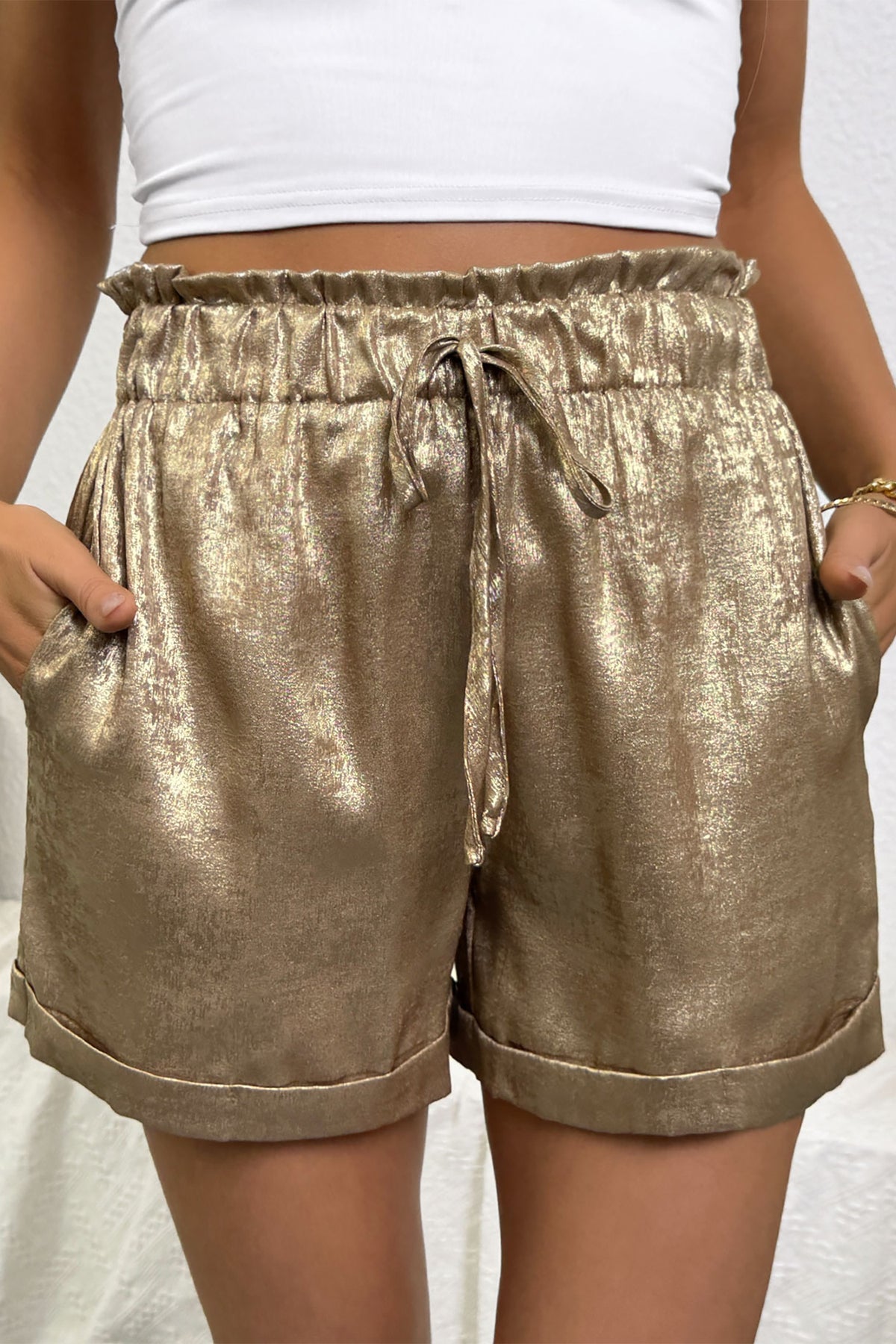 Gold Metallic Luster Tie Elastic Waist Cuffed Hem Shorts