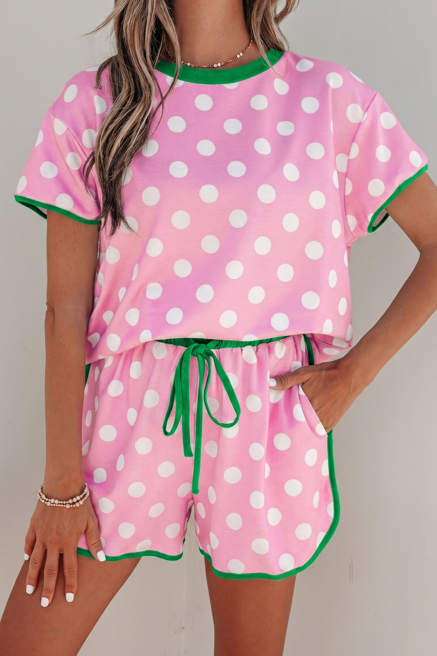 Pink Polka Dot Contrast Edge Casual Short Set