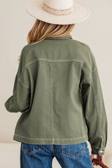 Smoke Green Patched Pocket Collared Button Front Boyfriend Denim Jacket