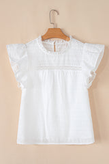 White Lace Neck Flutter Sleeve Eyelet Blouse