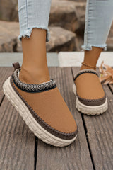 Coffee Faux Suede Woven Trim Plush Lining Platform Slippers