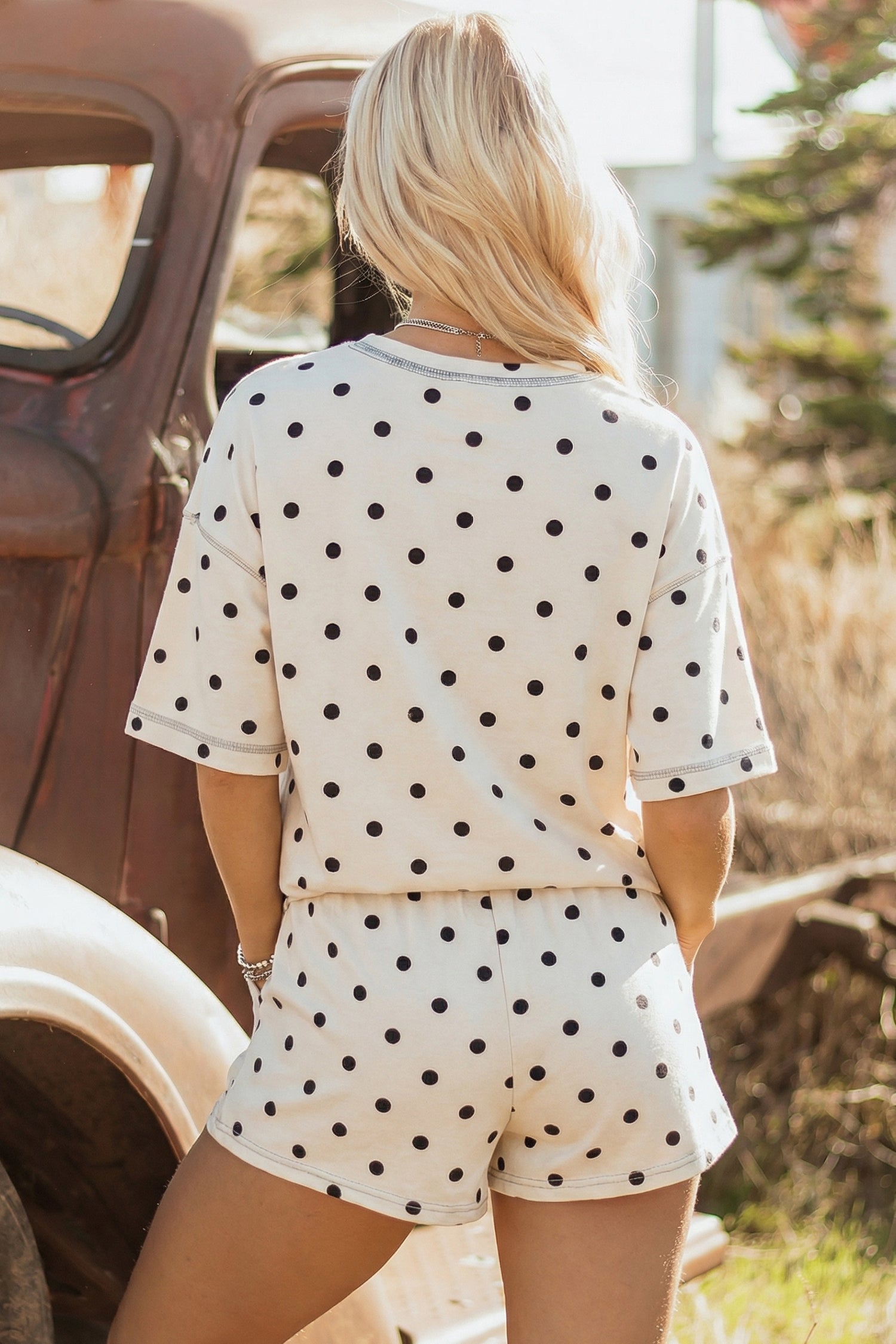 Pink Polka Dot Short Sleeve Loose Top Drawstring Shorts Set