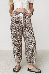 Black Leopard Print Ankle-Length Elastic Waist Pants