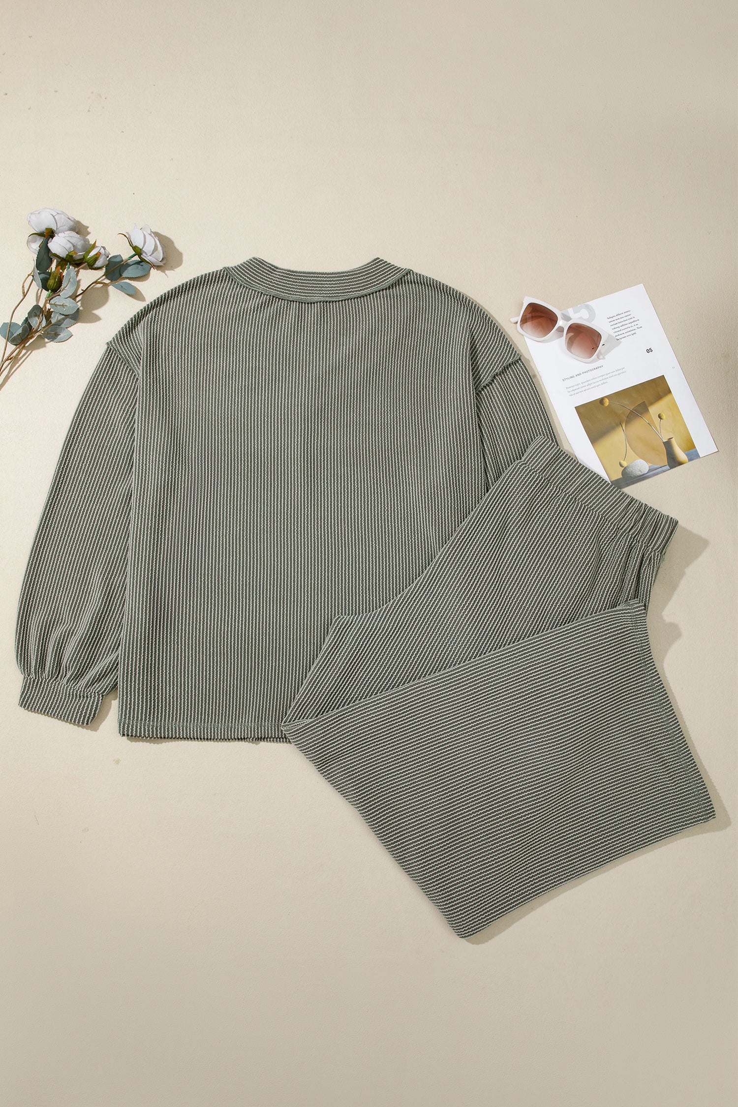 Four Leaf Clover Twisted Ribbed Exposed Seam Detail V Neck Pullover Plus Size Pant Set