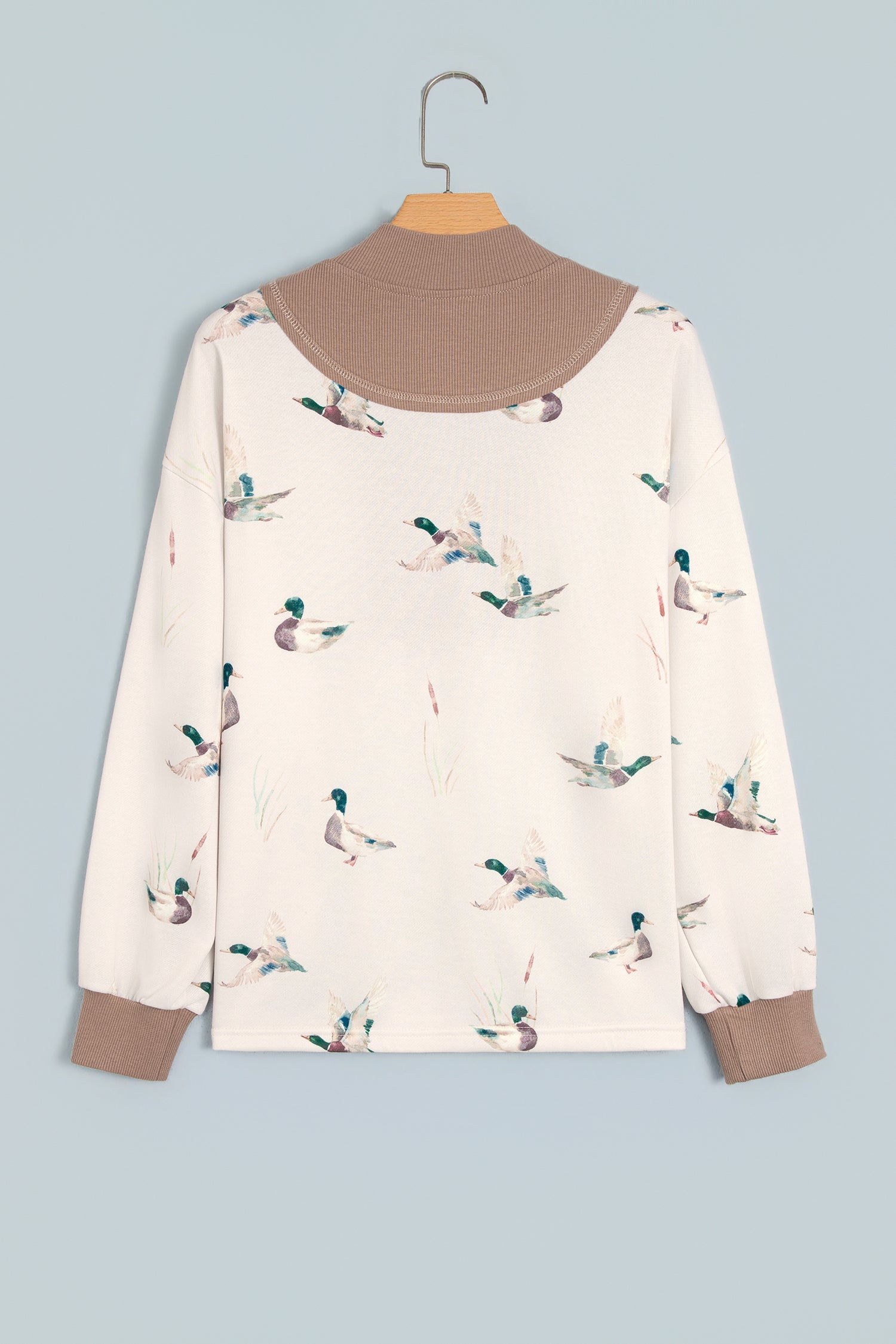 Beige Wild Mallard Print Color Block Patchwork Zip Neck Tunic Top