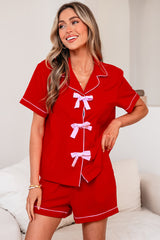 Fiery Red Contrast Trim Ribbon Bow Short Silky 2pcs Pajama Set