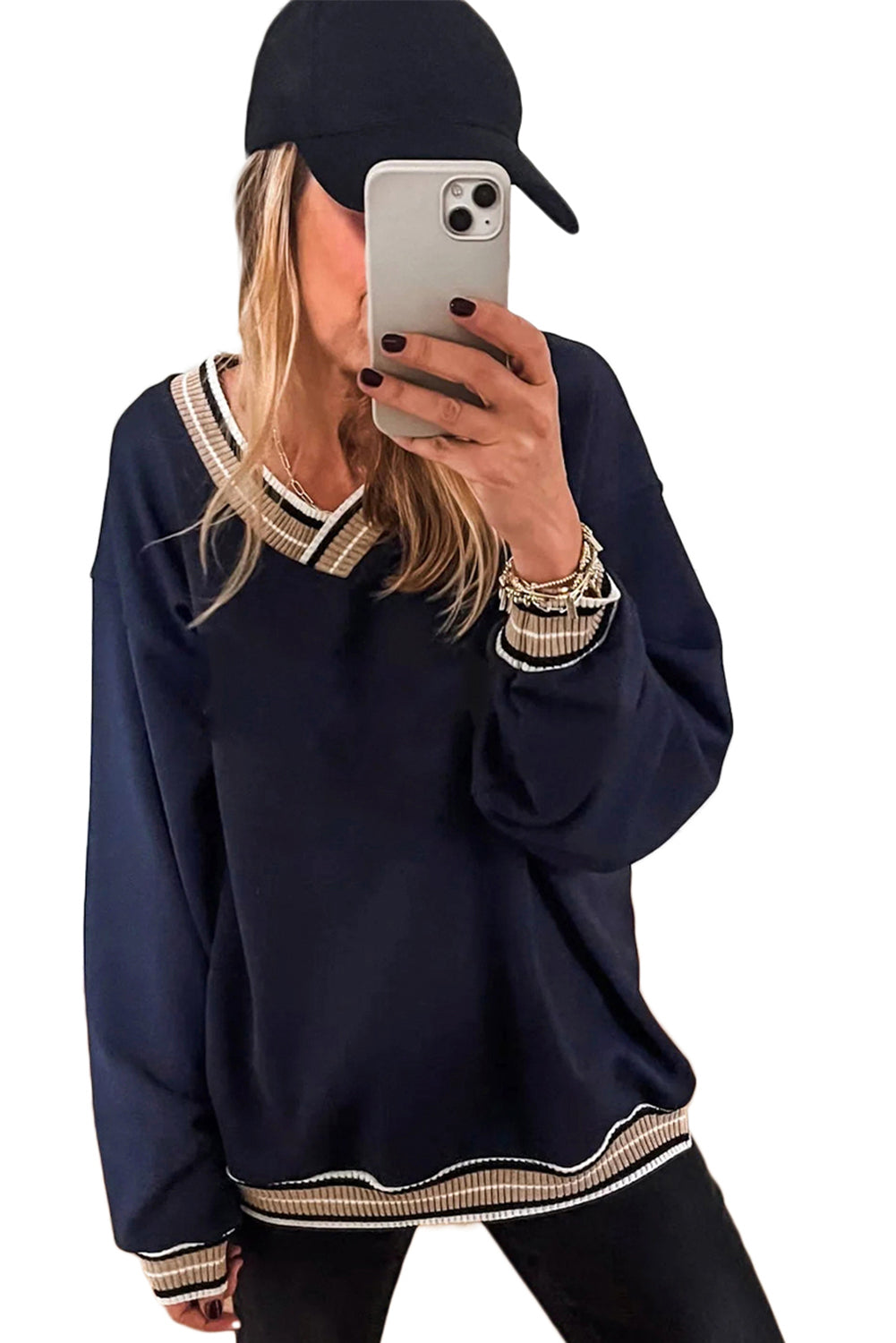 Navy Blue Varsity Contrast Trim V Neck Sweatshirt