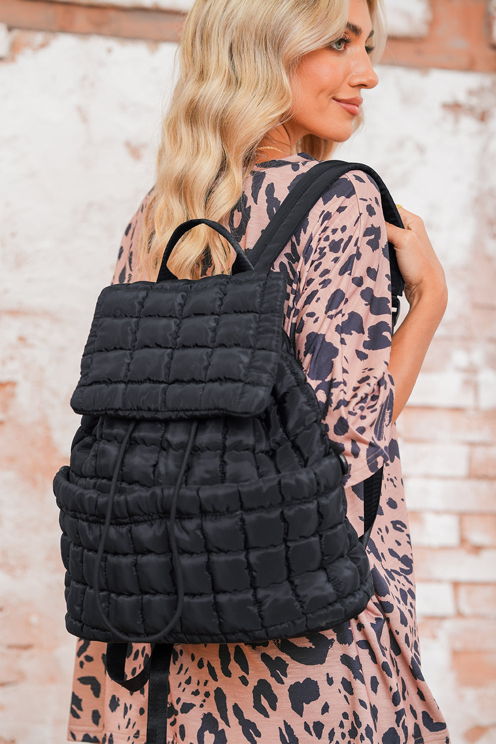 Medium Grey Solid Flapped Quilted Puffer Backpack
