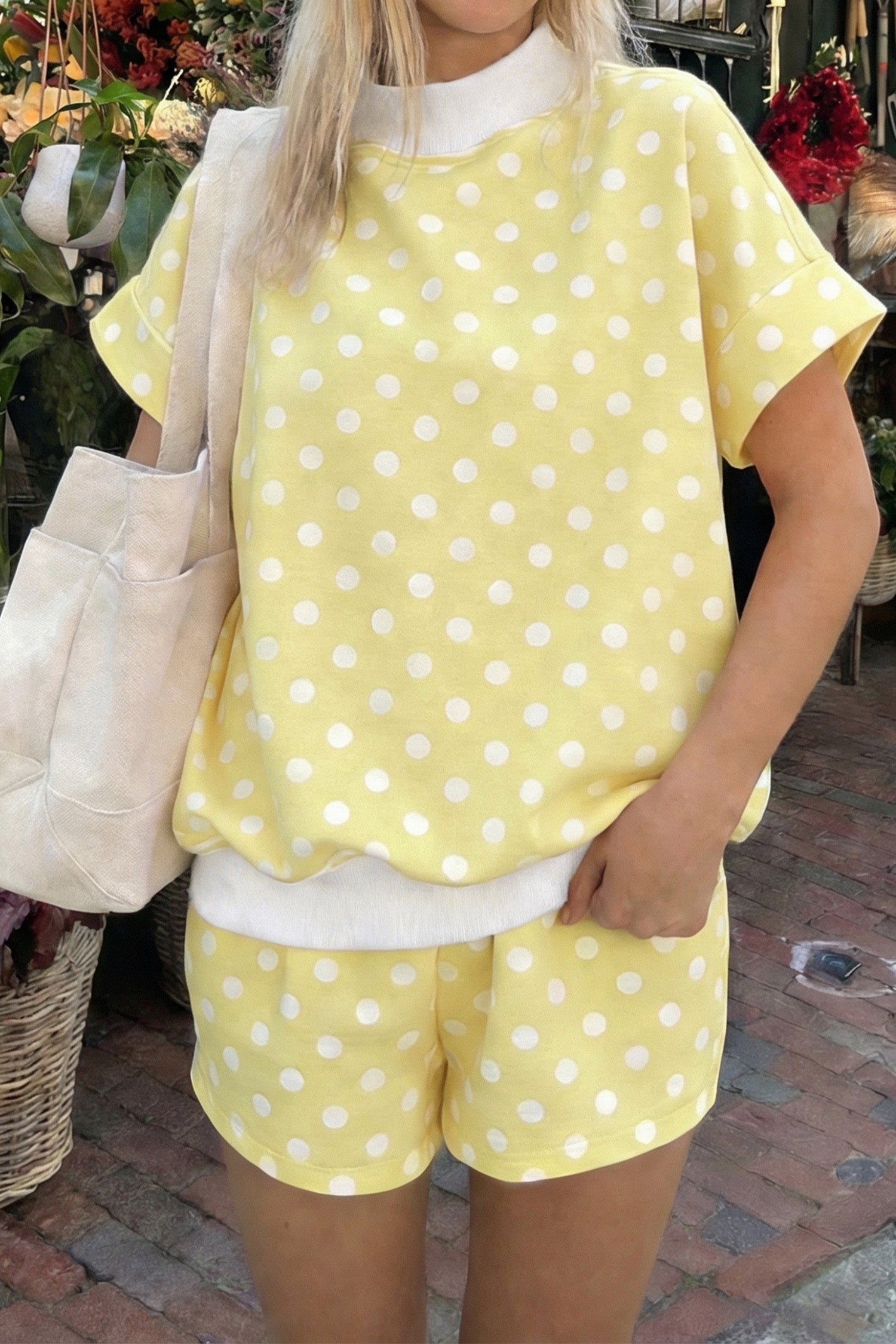 Pink Polka Dot Print Color Block Trim Mock Neck Short Set