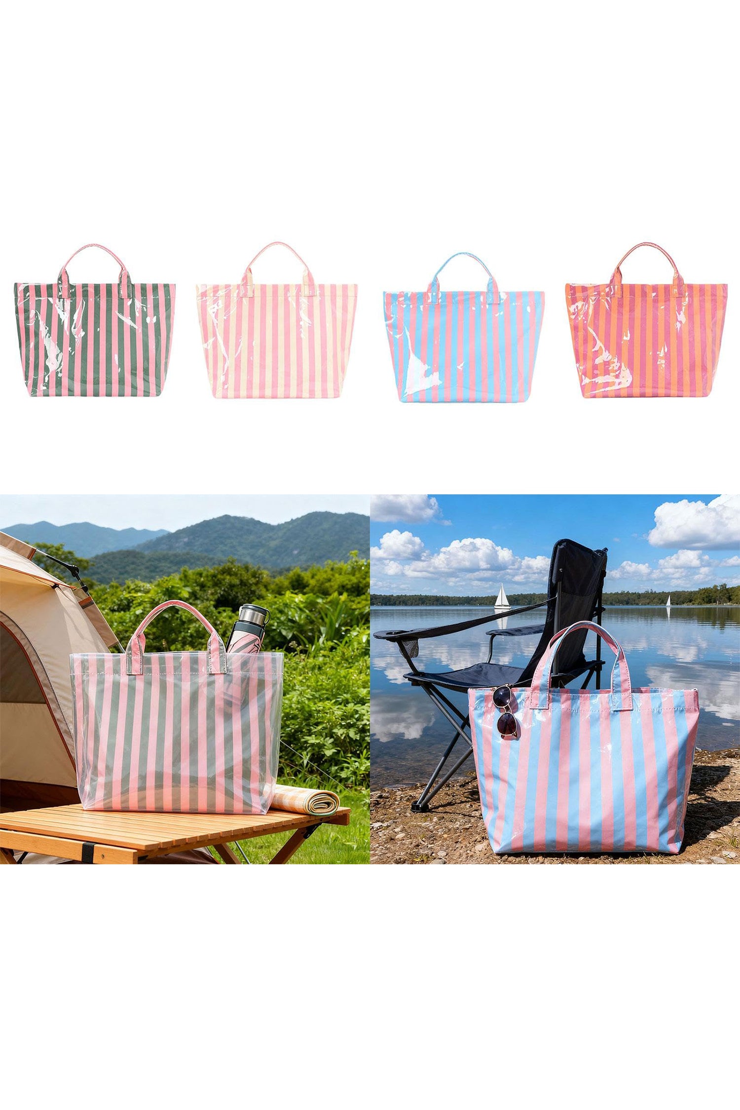 Blackish Green Glossy Striped Vinyl Large Tote Bag (Color Varied)
