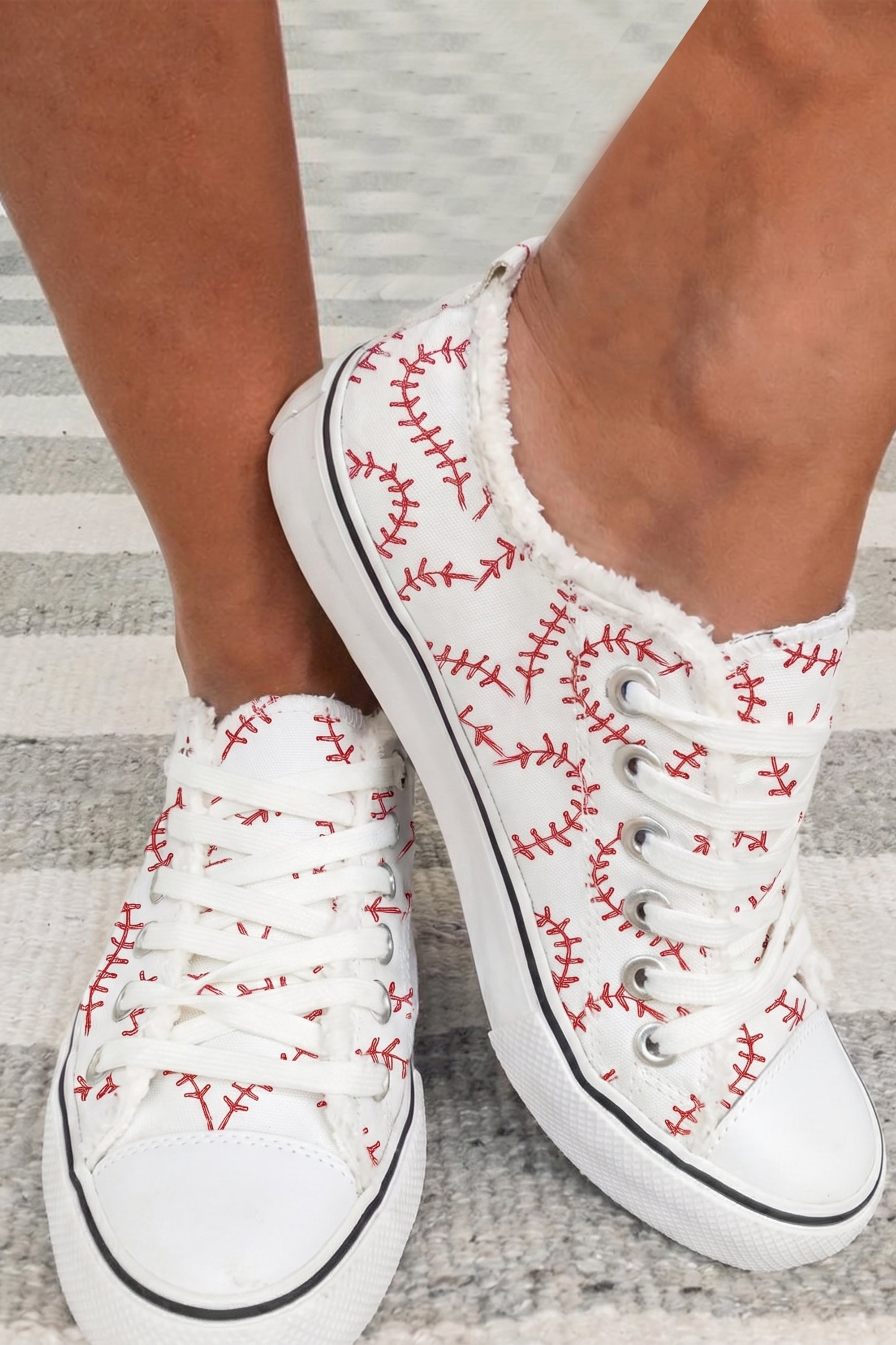 White Baseball Seam Printed Frayed Canvas Shoes