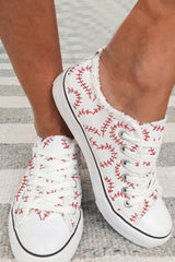 White Baseball Seam Printed Frayed Canvas Shoes