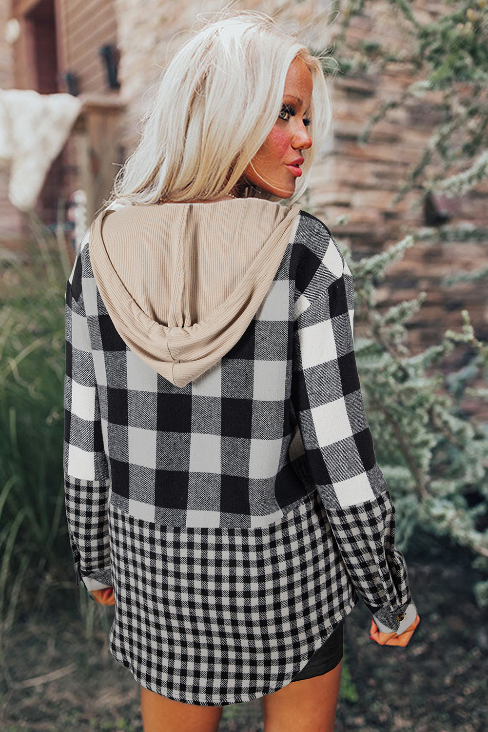 Black Plaid Patchwork Drawstring Hooded Raw Hem Shacket