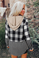 Black Plaid Patchwork Drawstring Hooded Raw Hem Shacket