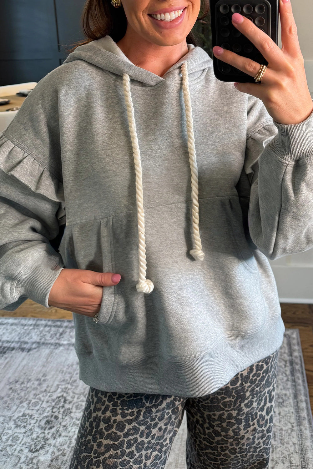Gray Solid Ruffle Pocket Drawstring Long Sleeve Hoodie