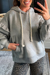 Gray Solid Ruffle Pocket Drawstring Long Sleeve Hoodie