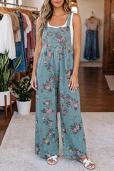 Gray Beau Floral Print Pleated High Waist Wide Leg Denim Jumpsuit