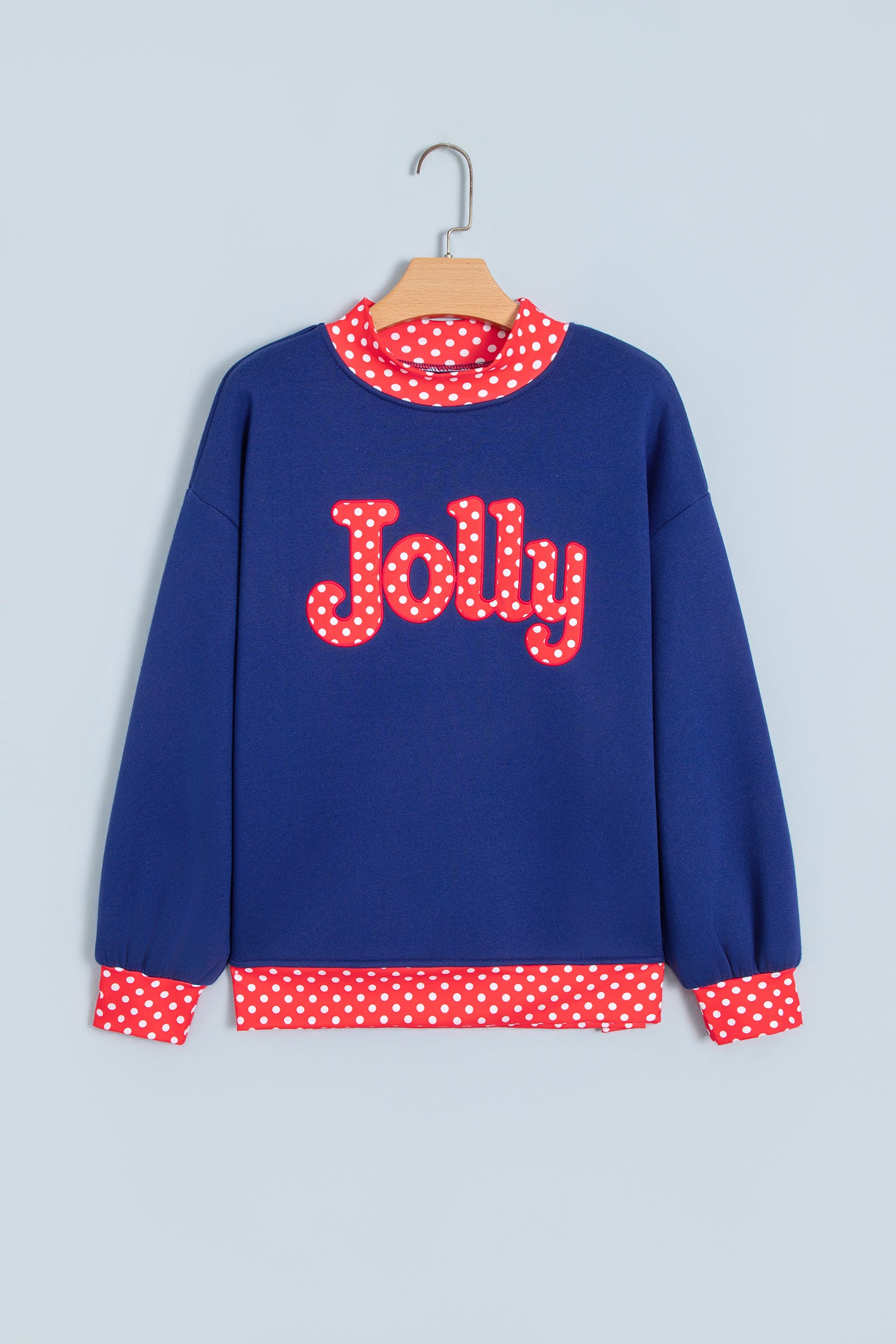 Sail Blue Polka Dot Letter Print Contrast Trim Mock Neck Sweatshirt